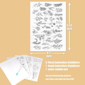 yklbpd 100-Pack Water-Soluble Stabilizer and Adhesive Embroidery Paper, with 3 Sheets of A4 Pre-Printed Patterns and 1 Blank Stabilizer + 1 Water-Soluble Marking Pen. Suitable for Hand Sewing.