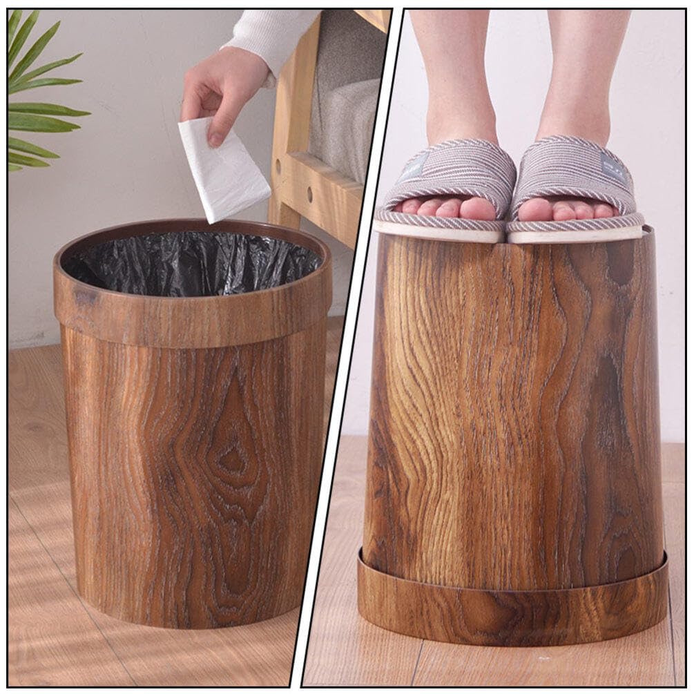 PRETYZOOM Wood Grain Trash Can, 10L Round Plastic Wastebasket Bedroom Kitchen 11x9 Inch Vintage Recycling Bin Rustic Garbage Can with Removable Bag Holder for Bathroom Offices