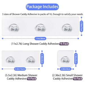 16-Pack Shower Caddy Adhesive Replacement, Transparent Adhesive Hooks Stickers, Strong Hook Strip for Shower Caddy Basket Shelf, Soap Holder, Bathroom Storage Racks and Kitchen Racks