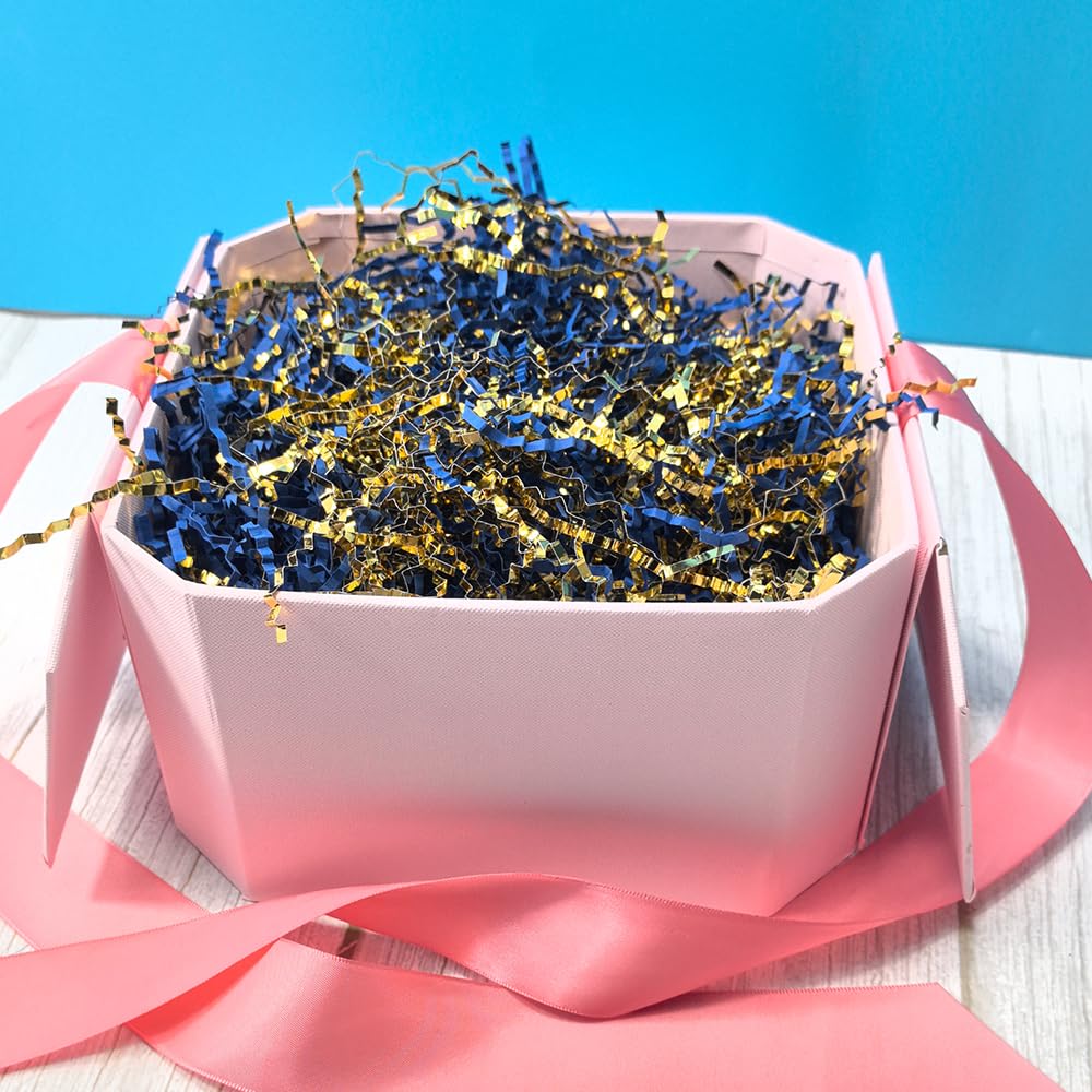 Keoferlo Crinkle Cut Paper 1/2 LB Baskets Shred Filler Paper Metallic Gold and Blue Craft Confetti Grass Raffia for Baskets Gift Wrap Decorations Display Merchandise (Metallic Gold and Blue)