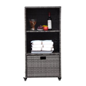 Kinsuite Outdoor Pool Towel Rack - Outdoor PE Rattan Storage Cabinet with 2 Storage Shelves & 1 Bottom Drawer for Patio Hot Tub Spa, Grey