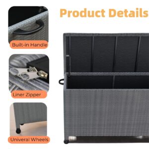 120 Gallon Wicker Deck Box, Waterproof Outdoor Storage Box with Wheels, Large Storage Bench Organizer for Patio Backyard Cushions, Garden Tools and Pool Supplies, Gray