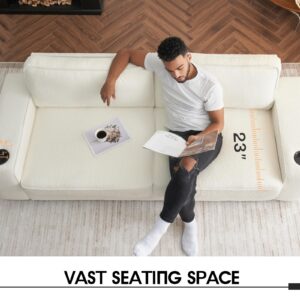 VanAcc Modern Sofa, 89in Comfy Couch with Cup Holders & USB Charging Ports, Offwhite Bouclé Couch- Deep Seat Sofa Couch for Living Room