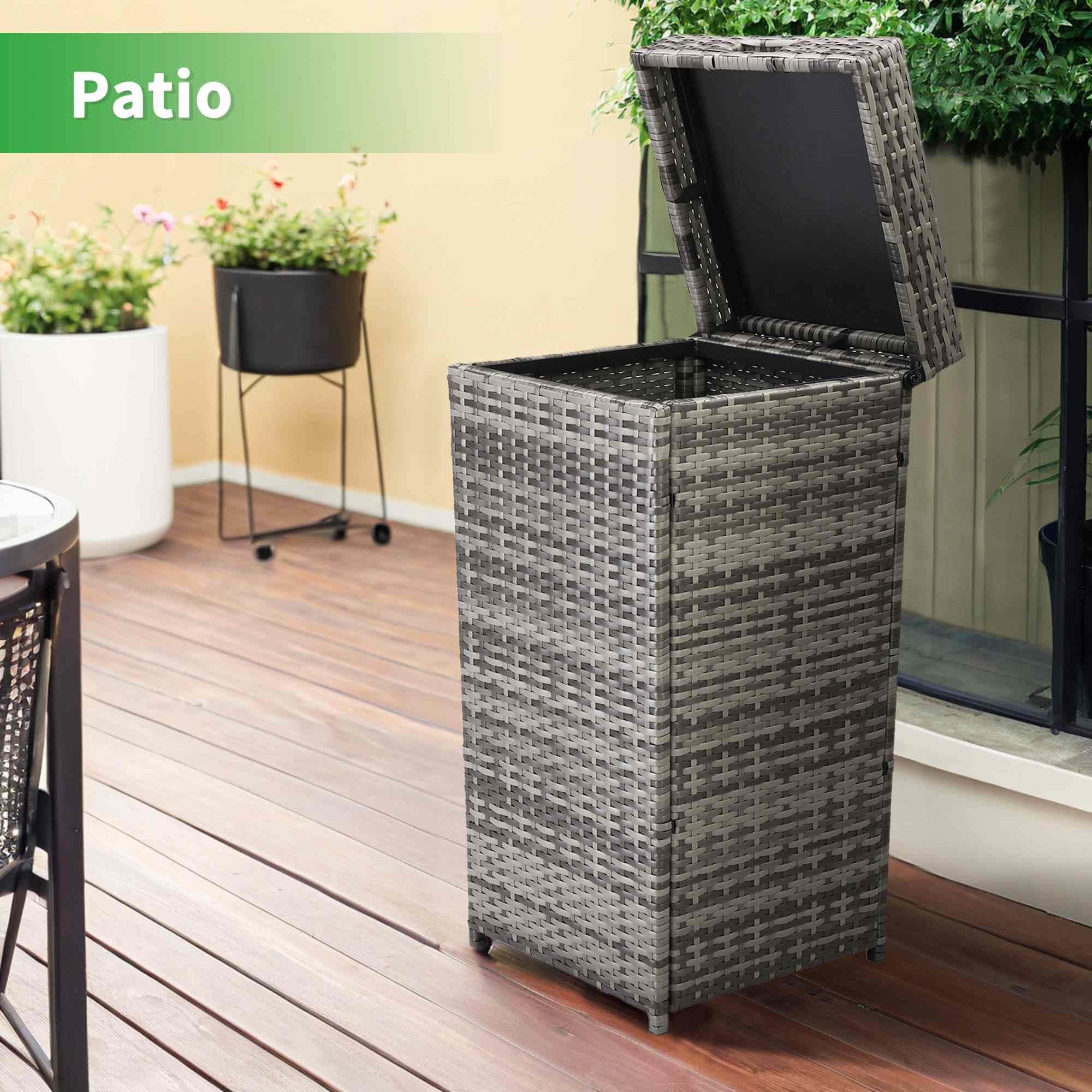 KEPOOMAN Outdoor Rattan Trash Can,Retro Wicker Trash Can with Steel Frame and Removable Lid,Large Garbage Bin for Backyard and Patio,Gray