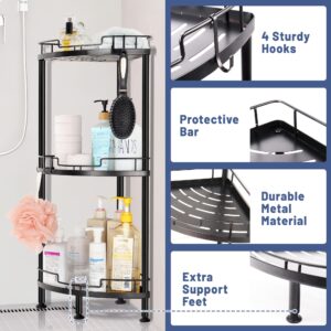 Outink Corner Shower Caddy Stand, Metal Floor Standing Shower Organizer with 4 Hooks, Multi-Function Shower Shelf Rack Stand for Bathroom Inside Shower (3-Tier)