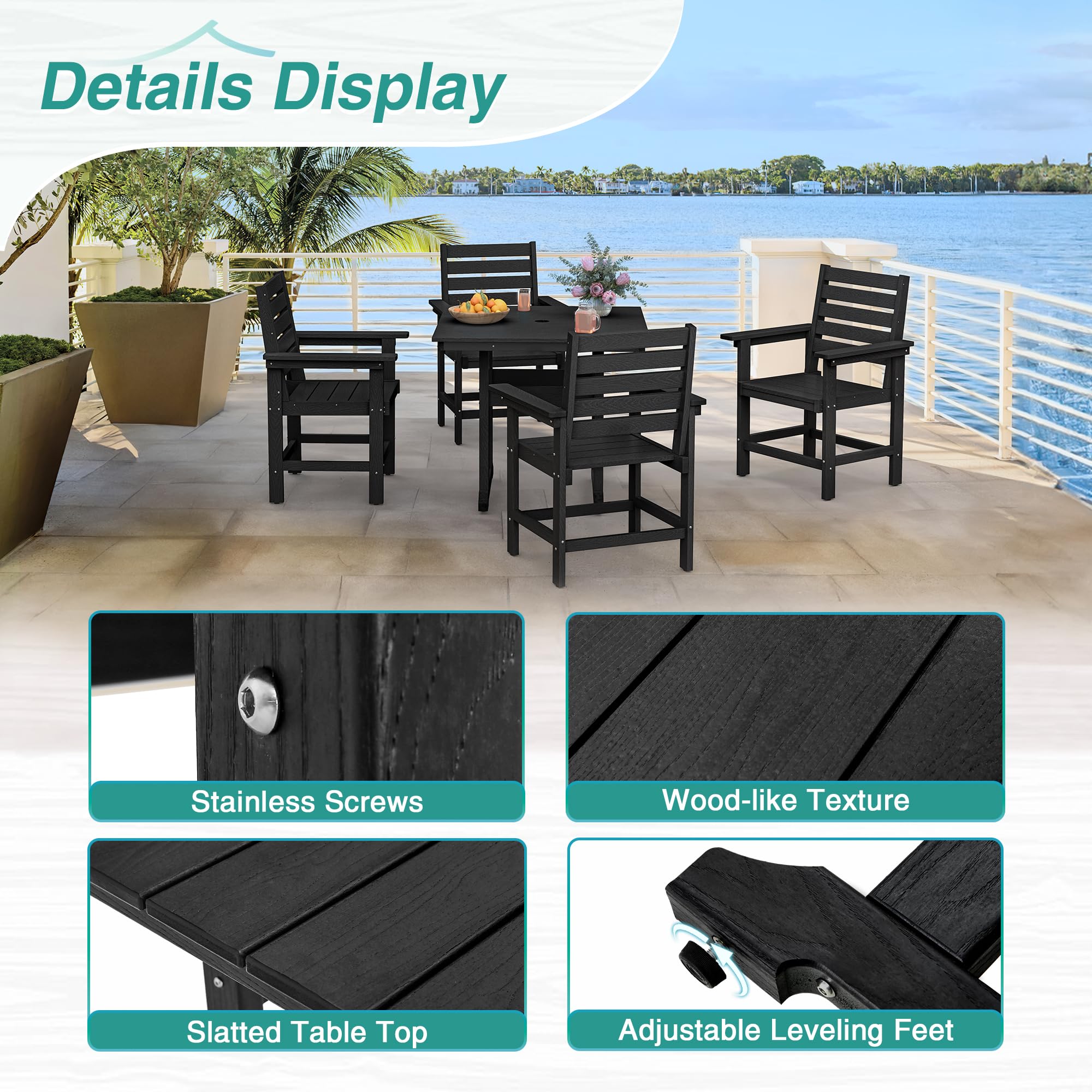 Homenjoy Patio Table and Chairs Set 5 Pieces, HDPE Weather Resistant Outdoor Dining Set with 1.95" Umbrell Hole, Square Outdoor Dining Table with 4 Patio Chairs, Patio Dining Set for Balcony, Black