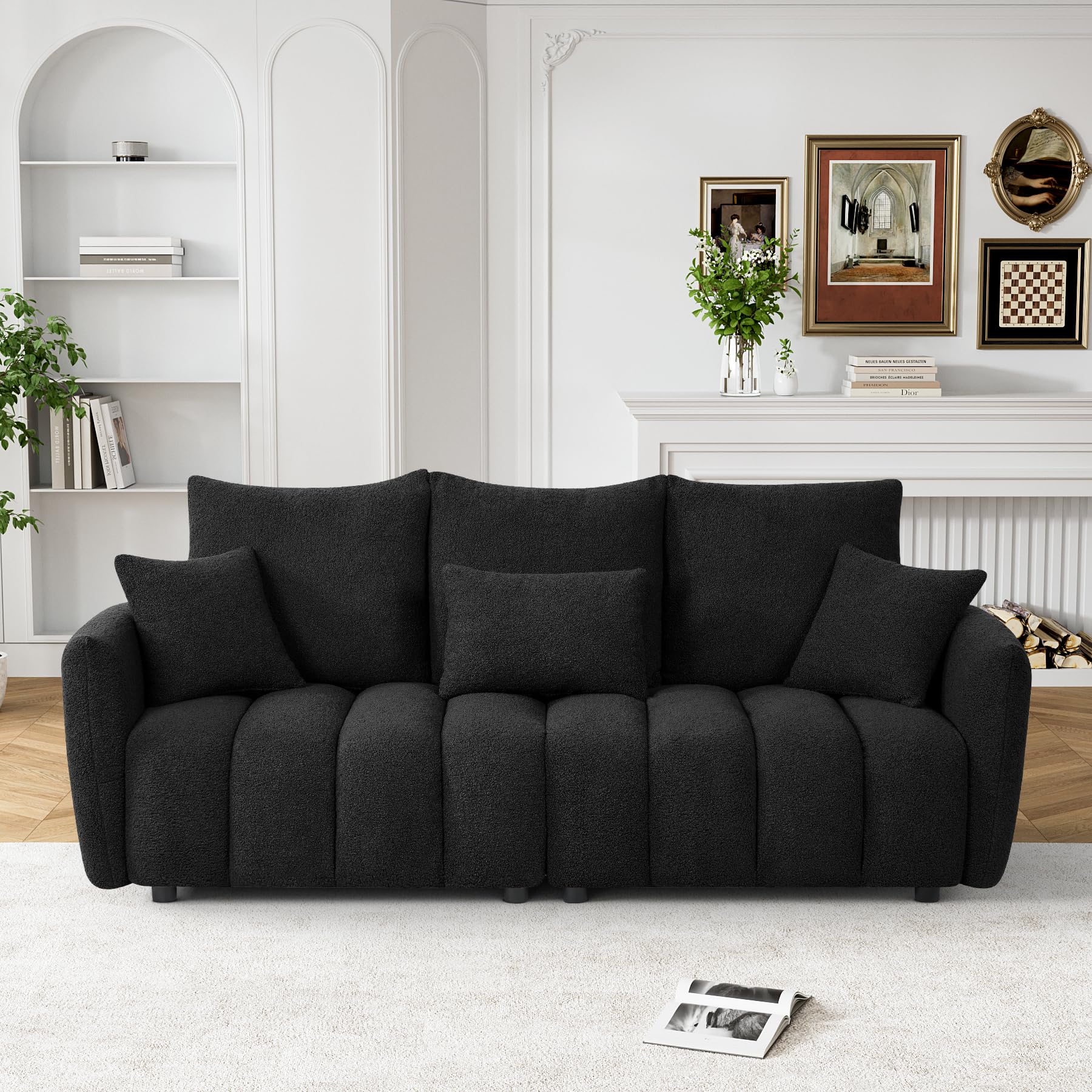 OUYESSIR Boucle Sofa Cloud Couch, 80.2" Modern Comfy Teddy Sofa Deep Seat Futon Couch with Pillows, Soft Upholstered 3 Seater Sofa Oversized Loveseat Sofas for Living Room, Apartment, Black