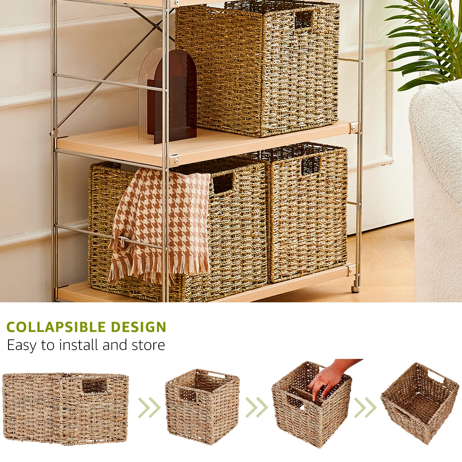 LGENHOOM Handwoven Seagrass Storage Baskets Foldable Wicker Storage Cubes 11x11in Hyacinth Baskets Rustic Set Of 2 Multipurpose Collapsible Storage Organizer for Bedroom Living Room Shelves