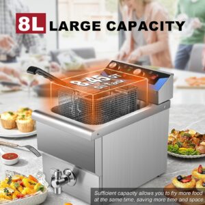 AiedCom 8L/8.45QT Commercial Electric Deep Fryer with Basket & Lid, Stainless Steel Kitchen Countertop Frying Machine with Drain for Home Kitchen, Restaurant, Delis, 3000 Watts 208~240V