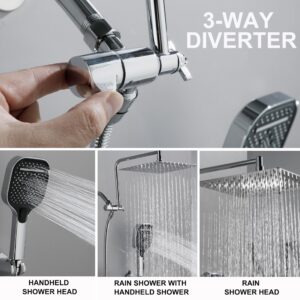 Rain Shower Heads with Handheld Spray Combo, 10 Inch High Pressure Rainfall Showerhead with 11" Extension Arm, 3-Setting Handhled Shower Head with Adjustable Suction Cup Shower Holder, Chrome