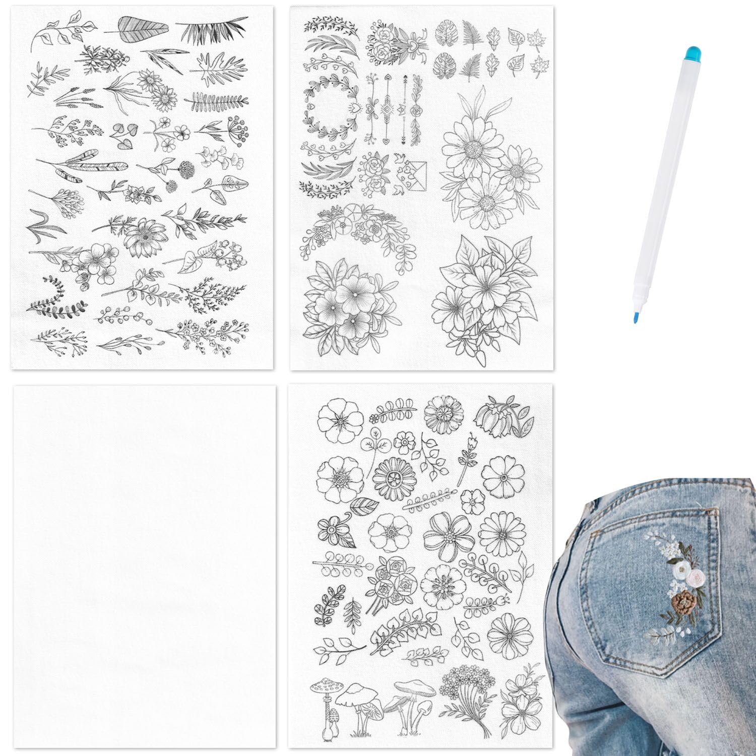 yklbpd 100-Pack Water-Soluble Stabilizer and Adhesive Embroidery Paper, with 3 Sheets of A4 Pre-Printed Patterns and 1 Blank Stabilizer + 1 Water-Soluble Marking Pen. Suitable for Hand Sewing.