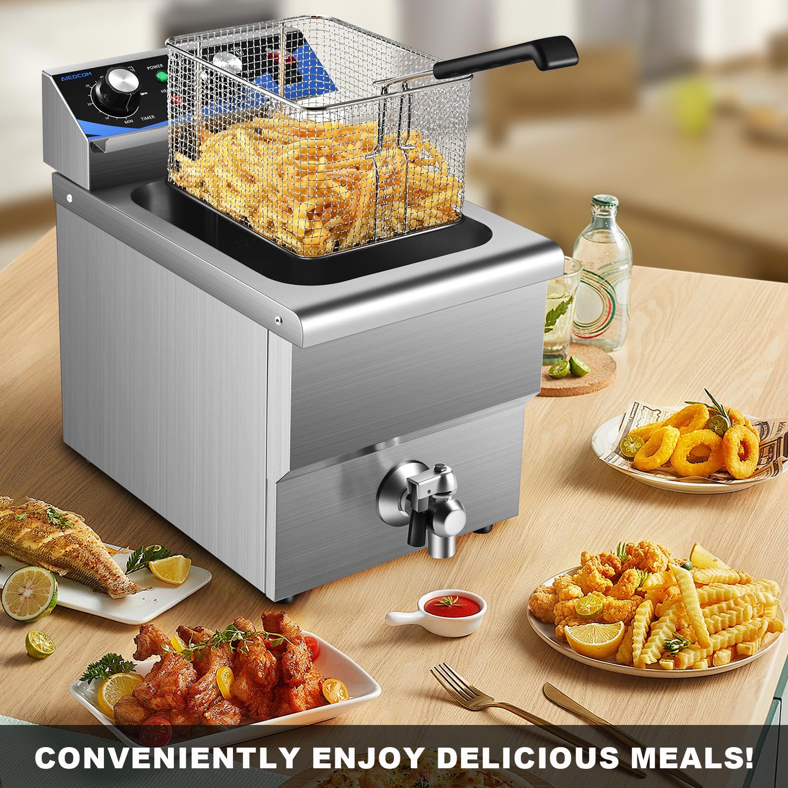 AiedCom 8L/8.45QT Commercial Electric Deep Fryer with Basket & Lid, Stainless Steel Kitchen Countertop Frying Machine with Drain for Home Kitchen, Restaurant, Delis, 3000 Watts 208~240V