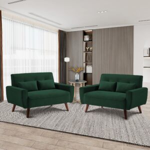 Tornama 48" Small Loveseat Sofa Set, 2-Piece Mid Century Modern Love Seat Couch, 2 Seat Tufted Couches with Throw Pillows for Living Room, Apartment, Bedroom and Small Spaces, Green