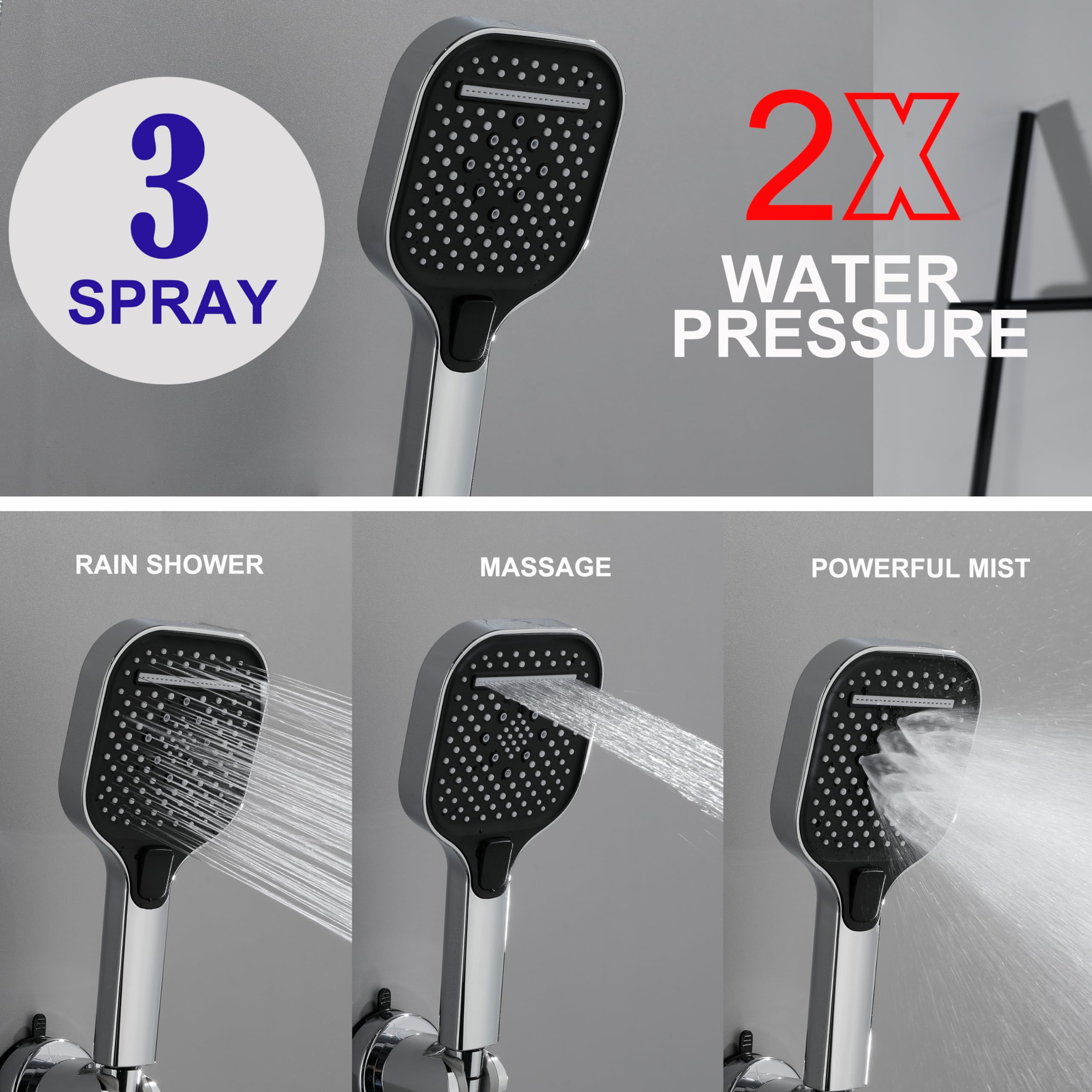 Rain Shower Heads with Handheld Spray Combo, 10 Inch High Pressure Rainfall Showerhead with 11" Extension Arm, 3-Setting Handhled Shower Head with Adjustable Suction Cup Shower Holder, Chrome