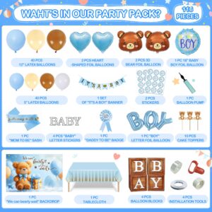 Party Spot！Bear Baby Shower Decorations Boy,80 pcs Balloons,4 Wood Grain Blocks with Letter,"We can bearly wait" Backdrop,Banner,Tablecloth,Balloon Pump, Blue Brown Bear Theme