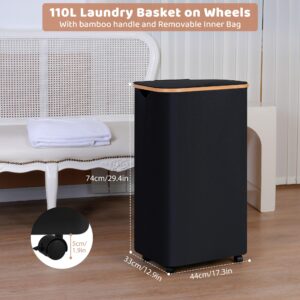 iEGrow Laundry Hamper with Wheels,110L Clothes Hamper for Laundry, Laundry Basket with Lid and Inner Bag, for Laundry Room, Bedroom, Dormitory Storage,Black