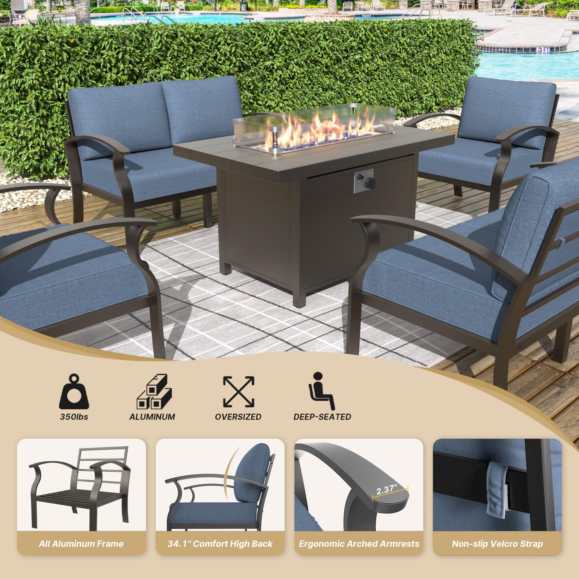 Piltwoff Aluminum Patio Furniture Set,4 Pcs Modern Outdoor Furniture with 45in CSA Propane Fire Pit Table,Patio Conversation Set with 5.1 Inch Cushion for Backyard,Navy