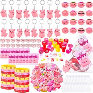 seajan 162 pcs pig birthday party favors for 16 kids include keychain ring bracelet stamp erasers sticker tags organza bag for pig theme birthday baby shower party decor