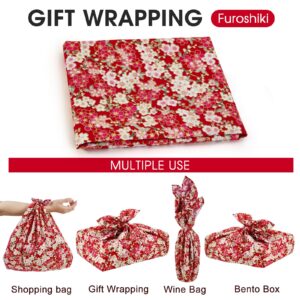 Furoshiki Wrapping Cloth,3Pack Bento Lunch Wine Bottle Box Cover,20x20 Inch Extra Large Sewed Japanese Style Fabric 100% Cotton Flower Printed Christmas DIY Cloth,Red Flower