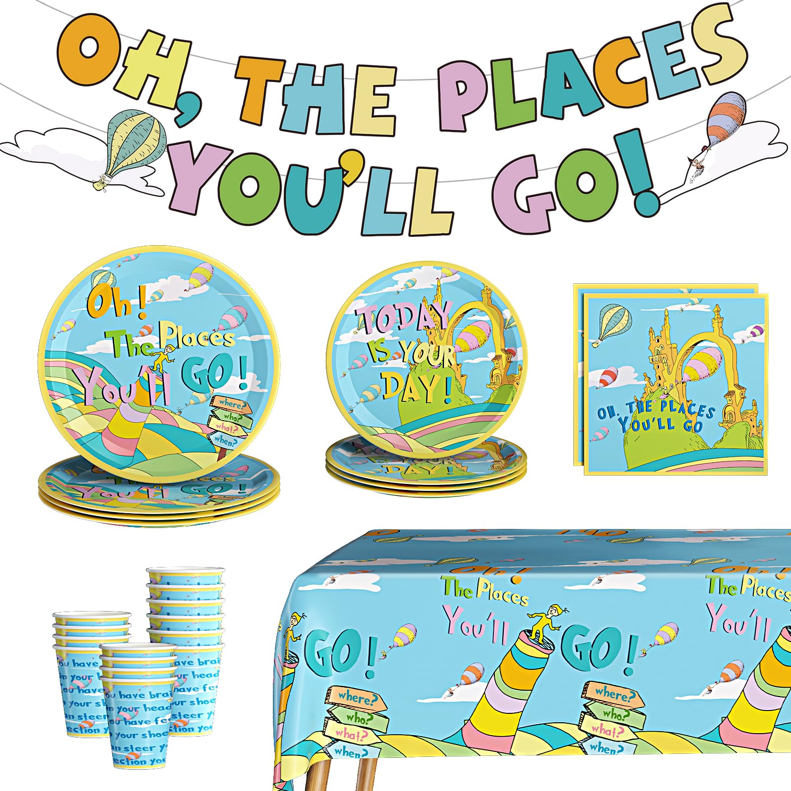 Oh The Places You' ll Go Decorations Dr Seuss Graduation Party Decorations Oh The Places You'll Go with Dinner Plates, Napkins, Cups, Tablecloth for Kindergarten Graduation Party Supplies Serves 24