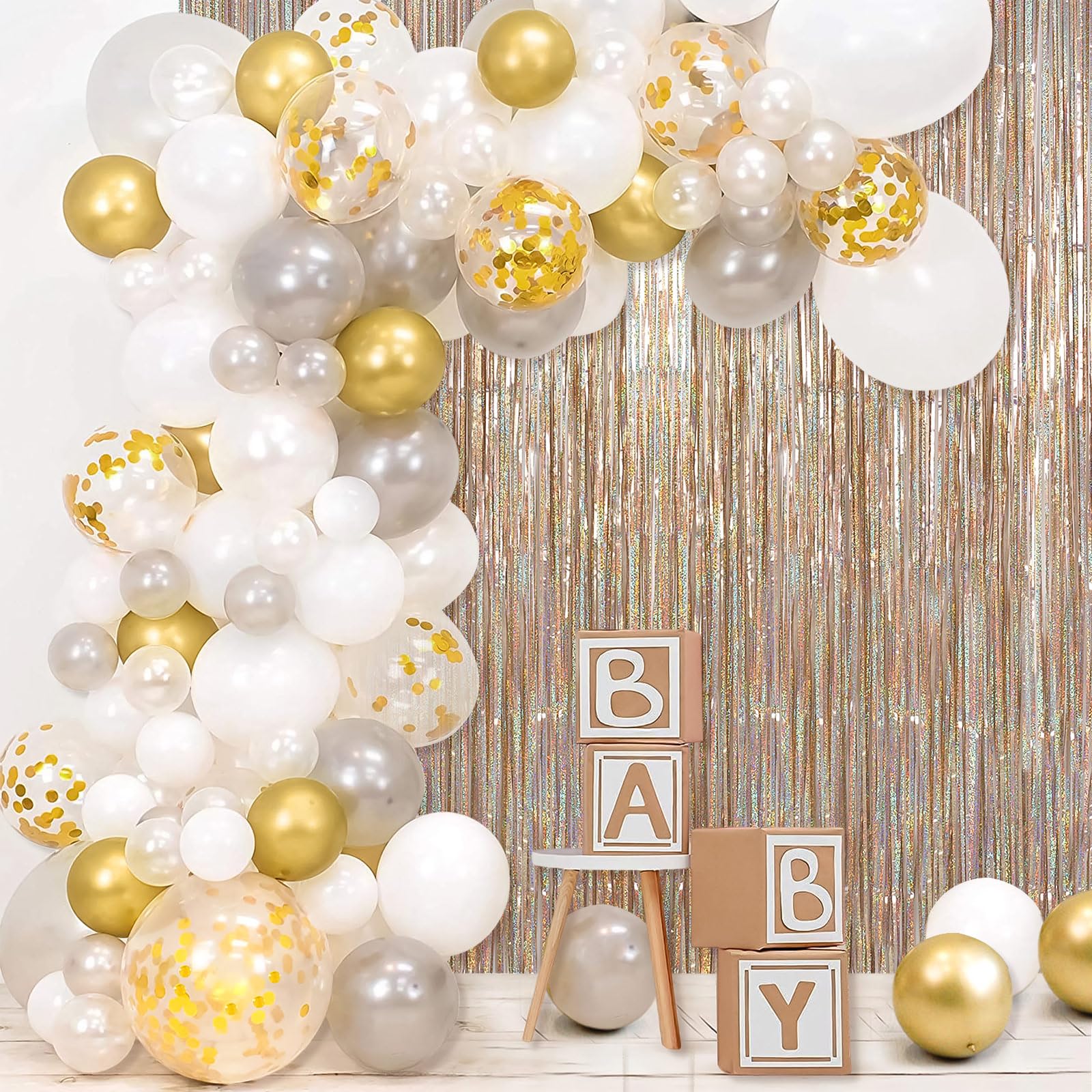 80Pcs Gold White Silver Balloons Garland Arch Kit Different Sizes, Latex Balloons Set for Wedding Birthday Graduation Baby Shower Bachelorette Engagement Anniversary Party Decorations