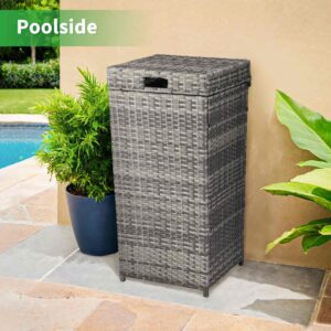 KEPOOMAN Outdoor Rattan Trash Can,Retro Wicker Trash Can with Steel Frame and Removable Lid,Large Garbage Bin for Backyard and Patio,Gray