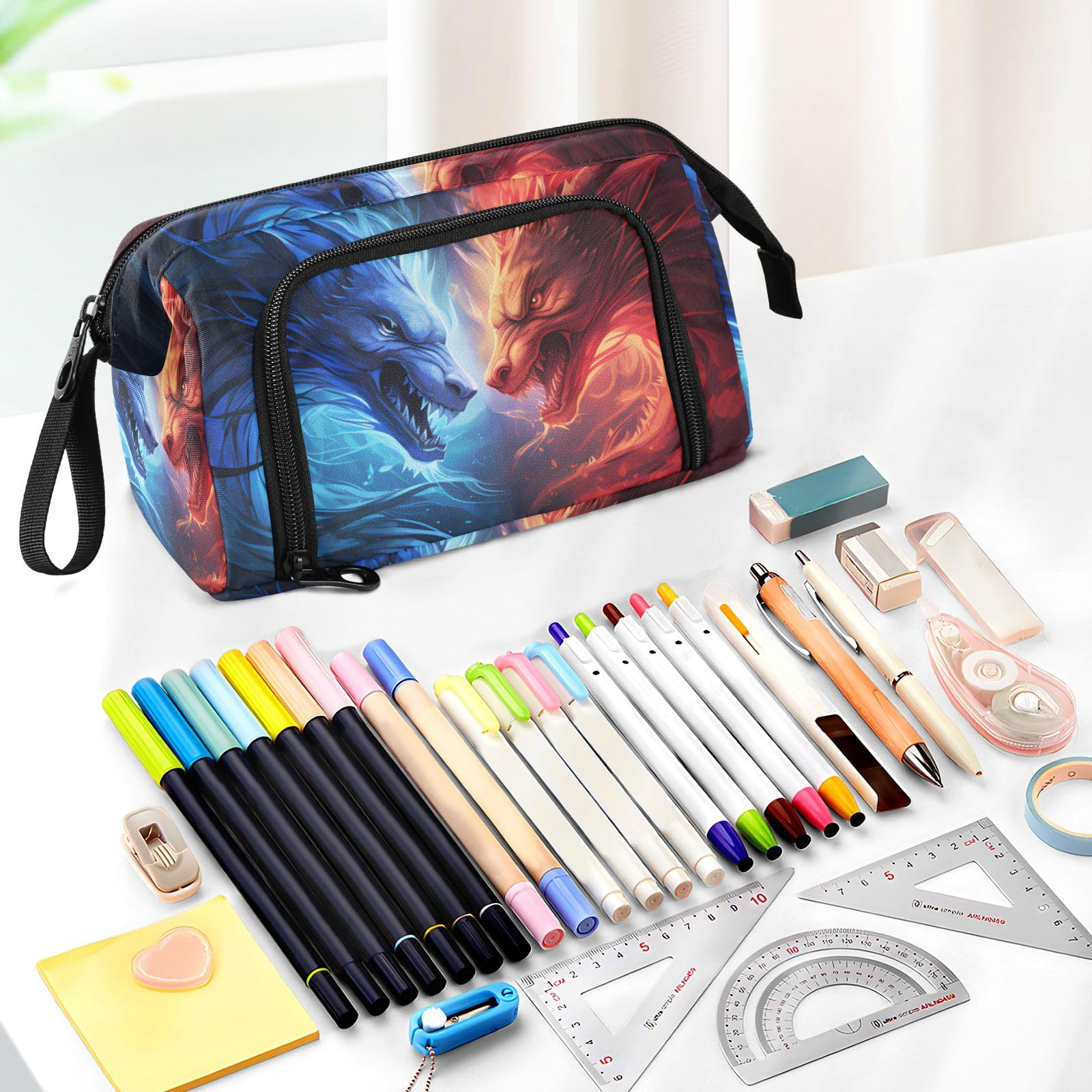 Big Capacity Pencil Case, Blue Red Dragon Pen Bag Pouch Holder Stationery Bag School College Office Organizer for Teen Adults Student