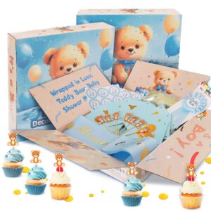 Party Spot！Bear Baby Shower Decorations Boy,80 pcs Balloons,4 Wood Grain Blocks with Letter,"We can bearly wait" Backdrop,Banner,Tablecloth,Balloon Pump, Blue Brown Bear Theme