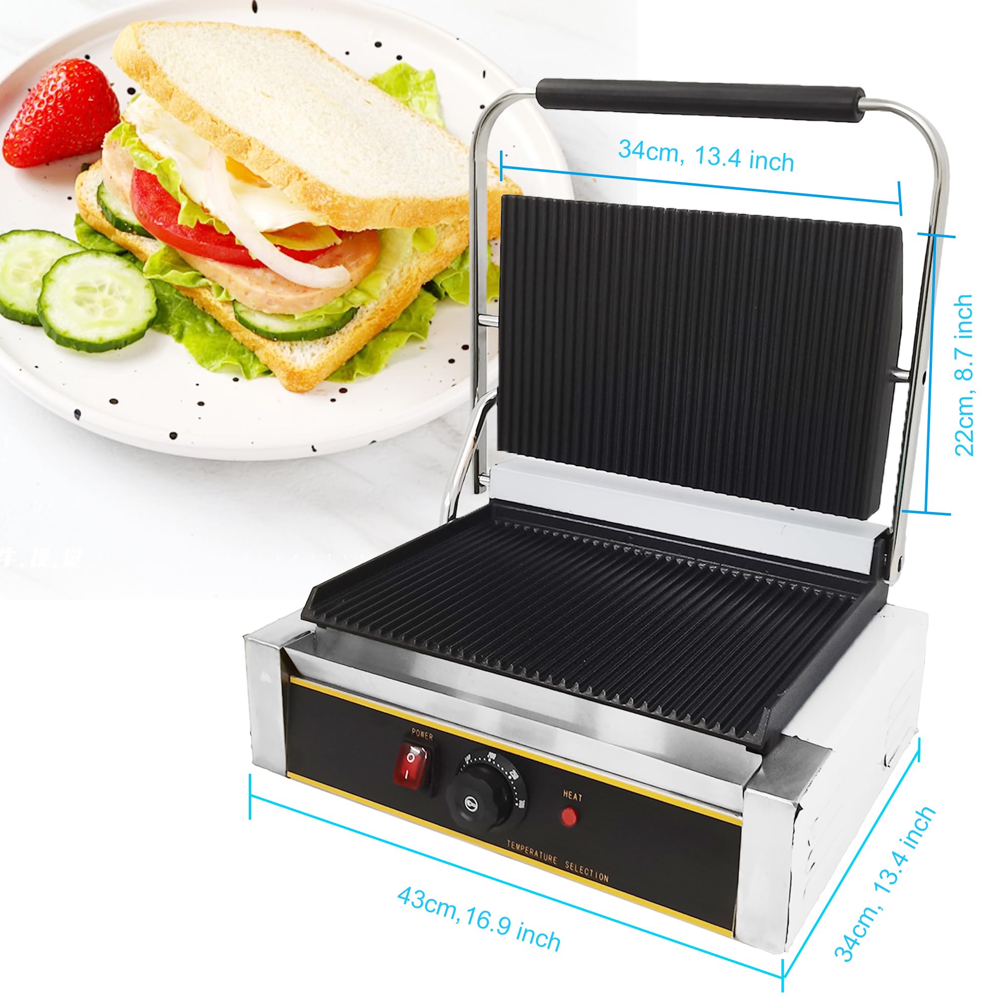 Mvckyi Commercial Panini Press Sandwich Maker, Electric Griddle Sandwich Press, Commercial Panini Press Machine Panini Griddle, Non Stick, Temperature Control, for Restaurant, Snack Bar 2200W