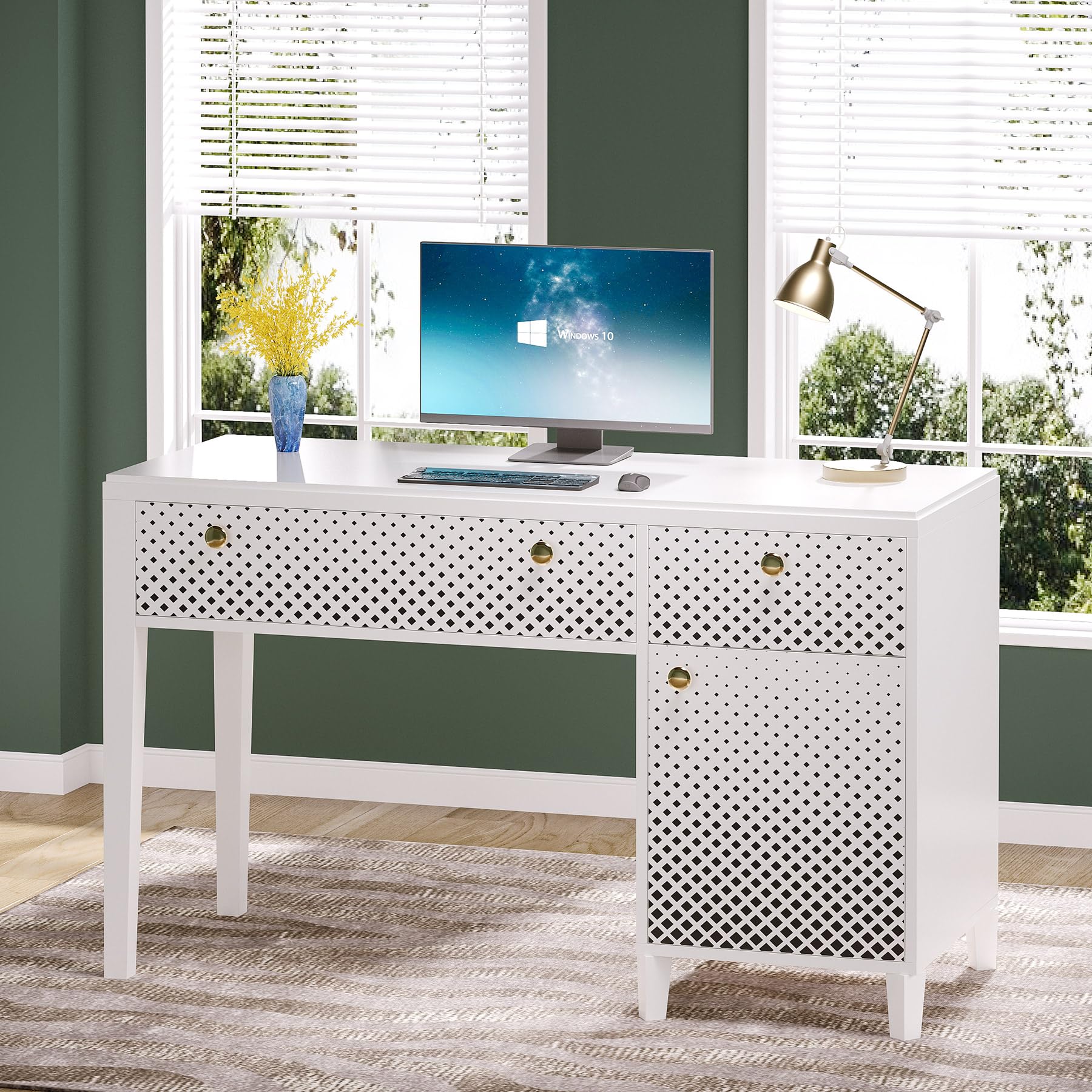 Tribesigns Computer Desk with Drawers, 47 Inches Home Office Desk with Storage Cabinet, Modern Study Writing Desk Makeup Vanity Table for Bedroom, White