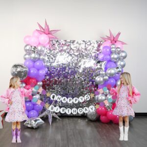 Pink purple silver music fans Balloon garland arch kit 140pcs disco ball Star mylar balloon & singer friendship Bracelets Shape Banner for girl sweet16 birthday Concert theme prom decorations