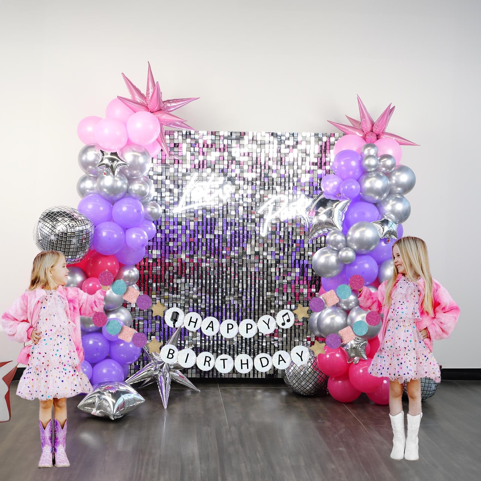 Pink purple silver music fans Balloon garland arch kit 140pcs disco ball Star mylar balloon & singer friendship Bracelets Shape Banner for girl sweet16 birthday Concert theme prom decorations