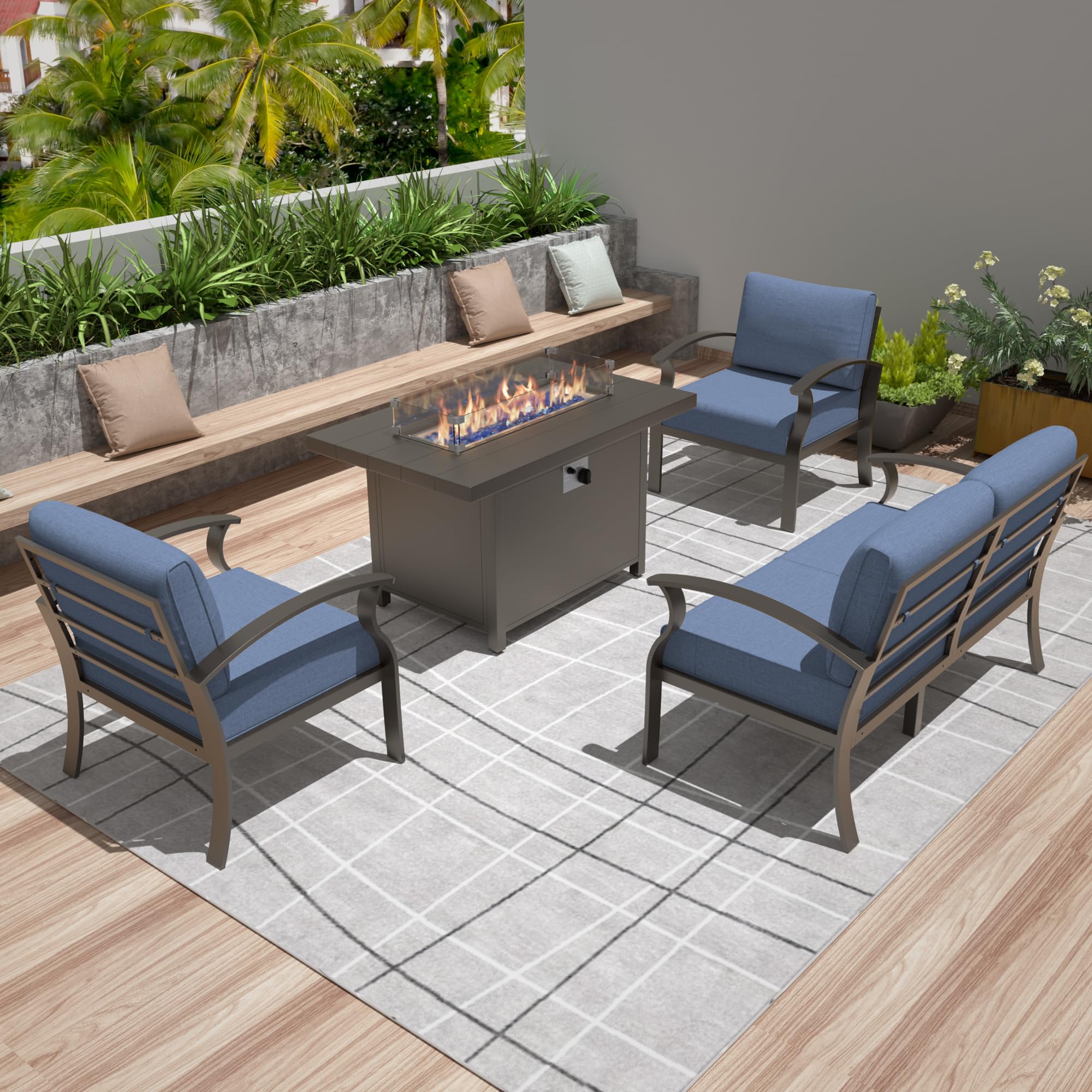 Piltwoff Aluminum Patio Furniture Set,4 Pcs Modern Outdoor Furniture with 45in CSA Propane Fire Pit Table,Patio Conversation Set with 5.1 Inch Cushion for Backyard,Navy