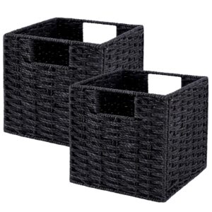 legnhoom wicker storage baskets set of 2 foldable cube paper rope storage baskets bins large wicker baskets for shelves organizing & decor, 13 inch (13″×13″×13″)