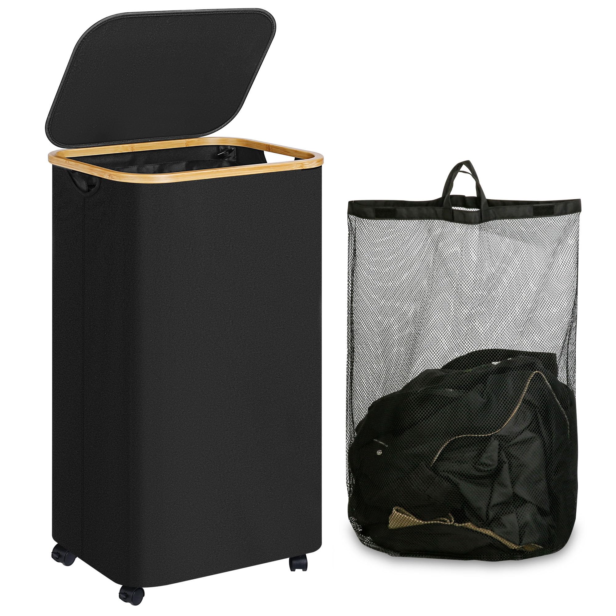 iEGrow Laundry Hamper with Wheels,110L Clothes Hamper for Laundry, Laundry Basket with Lid and Inner Bag, for Laundry Room, Bedroom, Dormitory Storage,Black