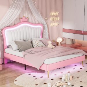 ktatk queen size upholstered bed frame with crown headboard and led lights,bedroom wooden princess bed w/metal feets,velcro slats support design,for girls,white+pink