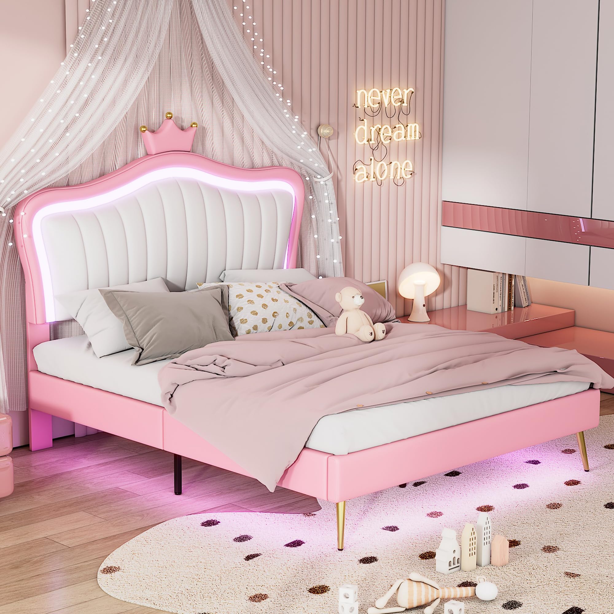 KTATK Queen Size Upholstered Bed Frame with Crown Headboard and LED Lights,Bedroom Wooden Princess Bed w/Metal Feets,Velcro Slats Support Design,for Girls,White+Pink