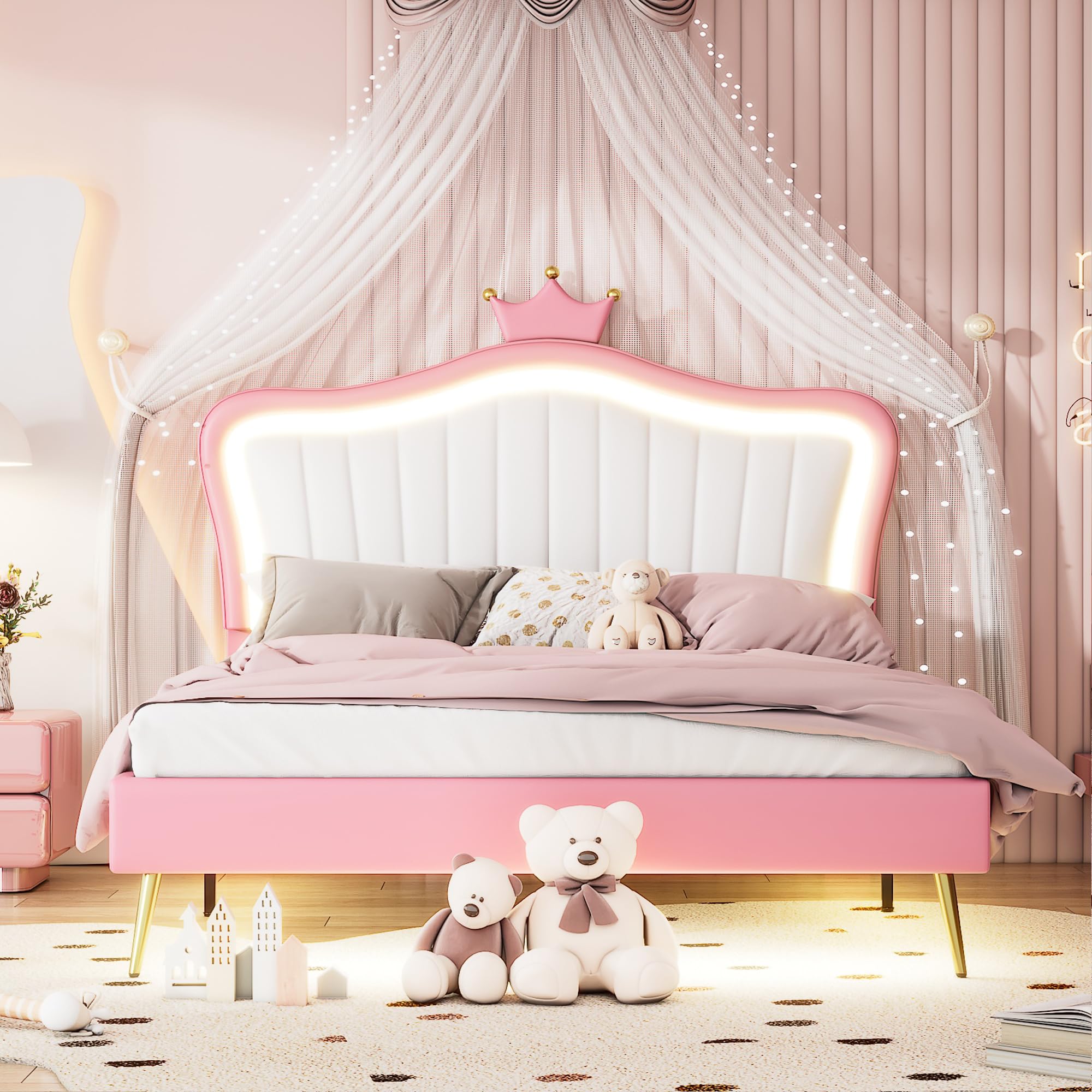 KTATK Queen Size Upholstered Bed Frame with Crown Headboard and LED Lights,Bedroom Wooden Princess Bed w/Metal Feets,Velcro Slats Support Design,for Girls,White+Pink