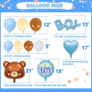 Party Spot！Bear Baby Shower Decorations Boy,80 pcs Balloons,4 Wood Grain Blocks with Letter,"We can bearly wait" Backdrop,Banner,Tablecloth,Balloon Pump, Blue Brown Bear Theme