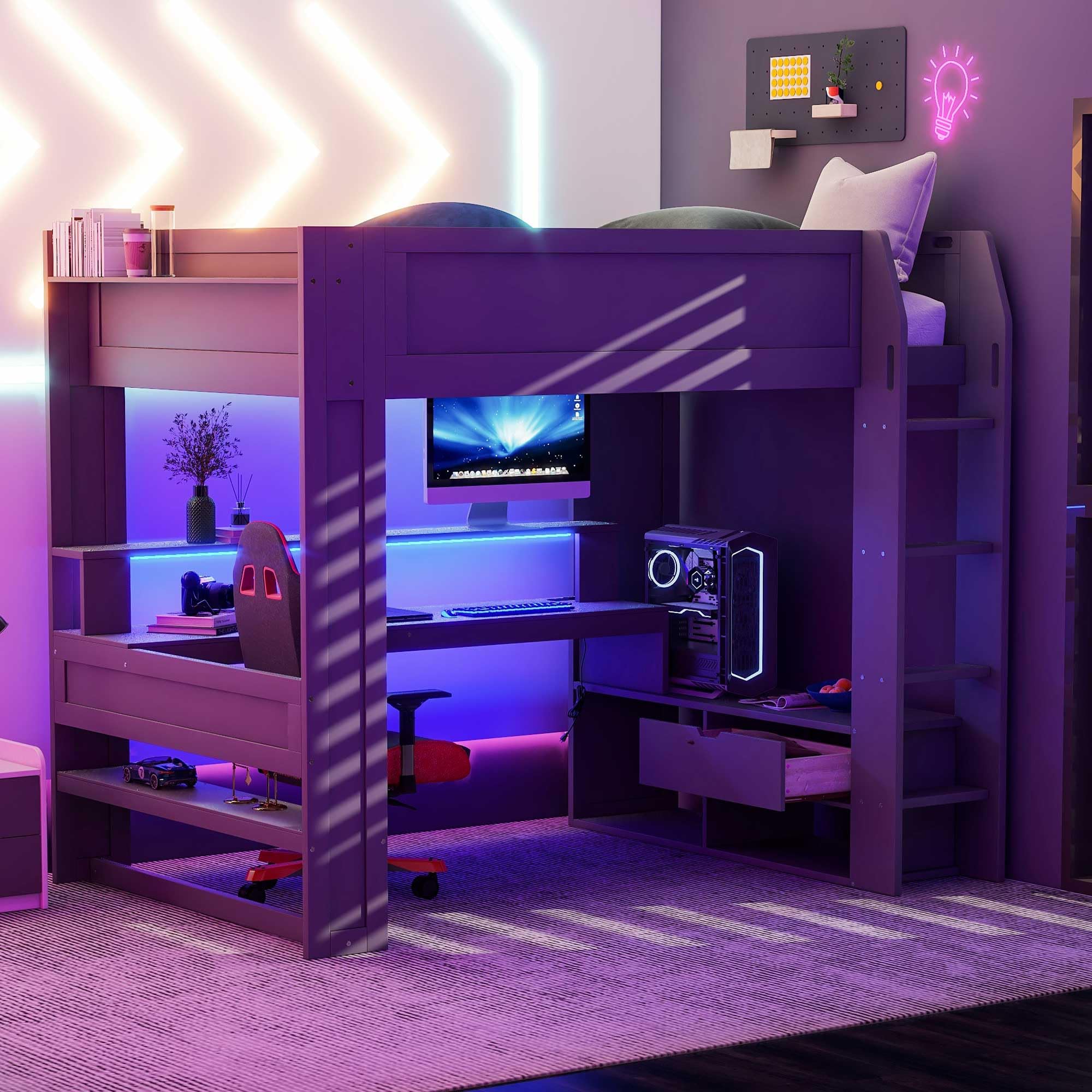 Merax Loft Bed Full Size with Gaming Desk, Mulfunctional Wood Loft Bed with Storage Shelves, Drawer and Charging Station, for Teens Adults (Dark Grey)