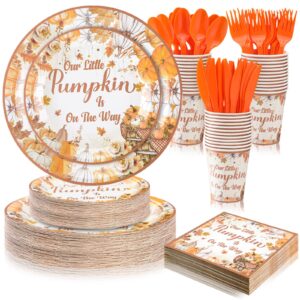 skybooly 350 pcs pumpkin baby shower party decorations supplies fall theme party tableware set our little pumpkin is on the way party dessert plates napkins forks for 50 guests baby shower party