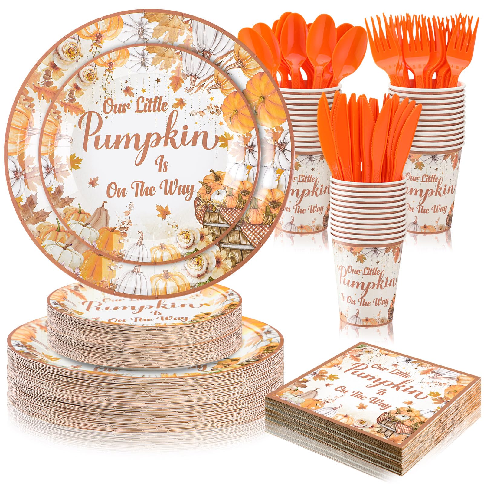 Skybooly 350 Pcs Pumpkin Baby Shower Party Decorations Supplies Fall Theme Party Tableware Set Our Little Pumpkin Is on the Way Party Dessert Plates Napkins Forks for 50 Guests Baby Shower Party