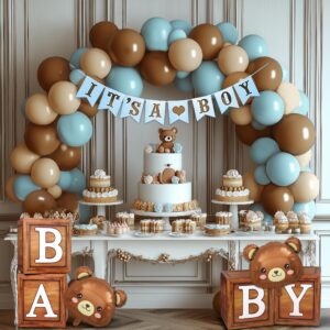 Party Spot！Bear Baby Shower Decorations Boy,80 pcs Balloons,4 Wood Grain Blocks with Letter,"We can bearly wait" Backdrop,Banner,Tablecloth,Balloon Pump, Blue Brown Bear Theme