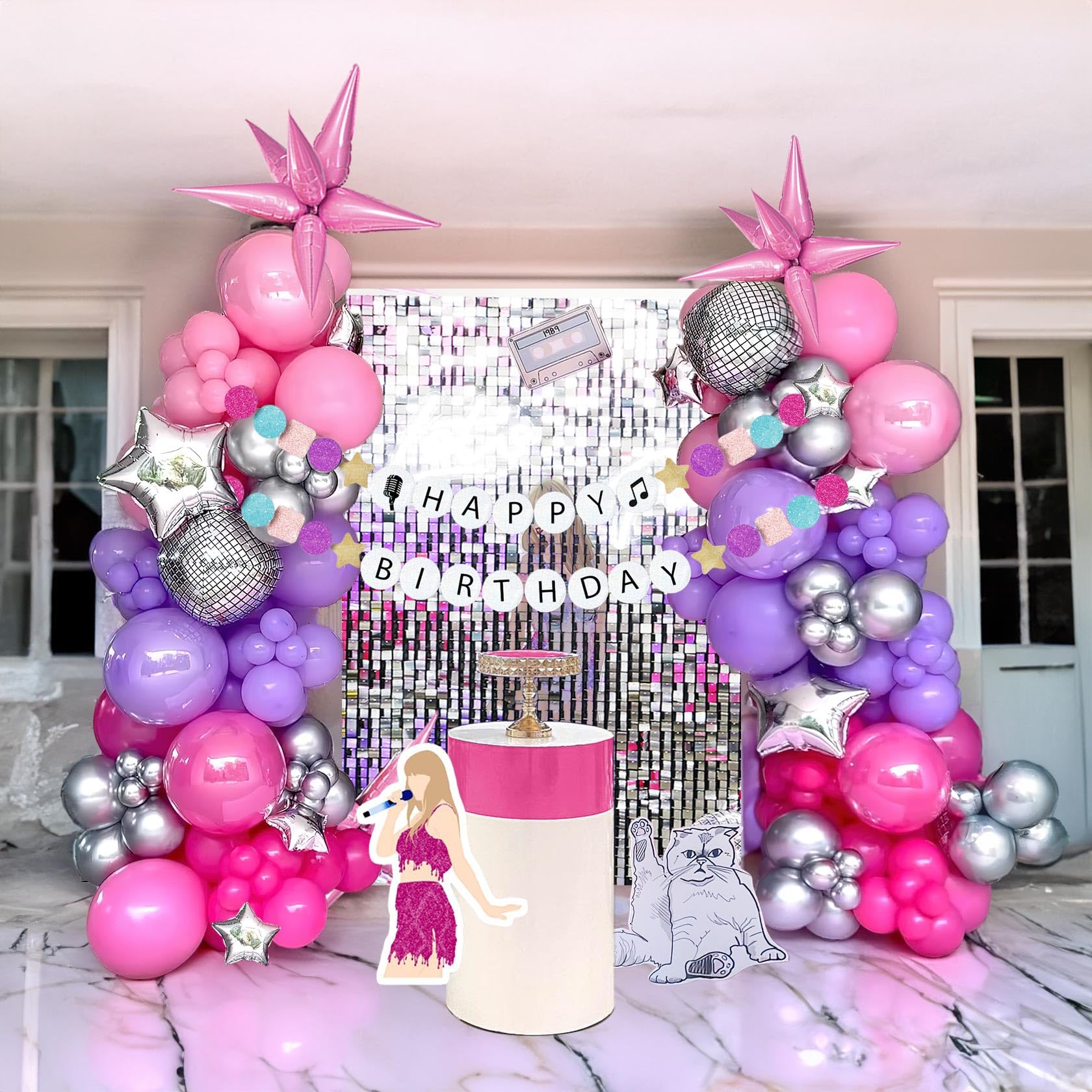 Pink purple silver music fans Balloon garland arch kit 140pcs disco ball Star mylar balloon & singer friendship Bracelets Shape Banner for girl sweet16 birthday Concert theme prom decorations