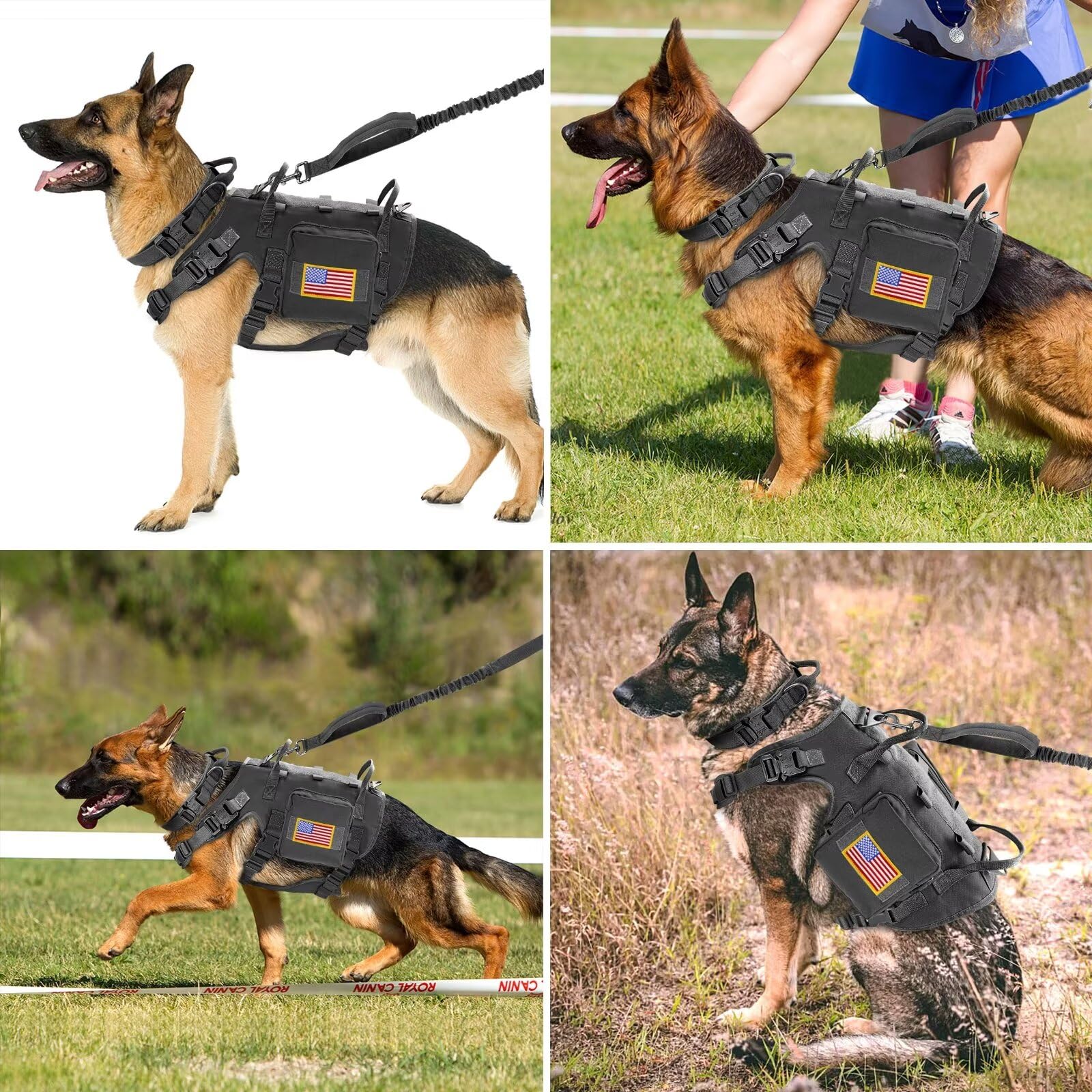 Forestpaw Tactical Dog Harness for Large Dogs,Tactical Dog Collar with Bungee Leash Set,No Pull Military Dog Harness for Dog Walking Training,Adjustable for Medium Large Dogs,Black S