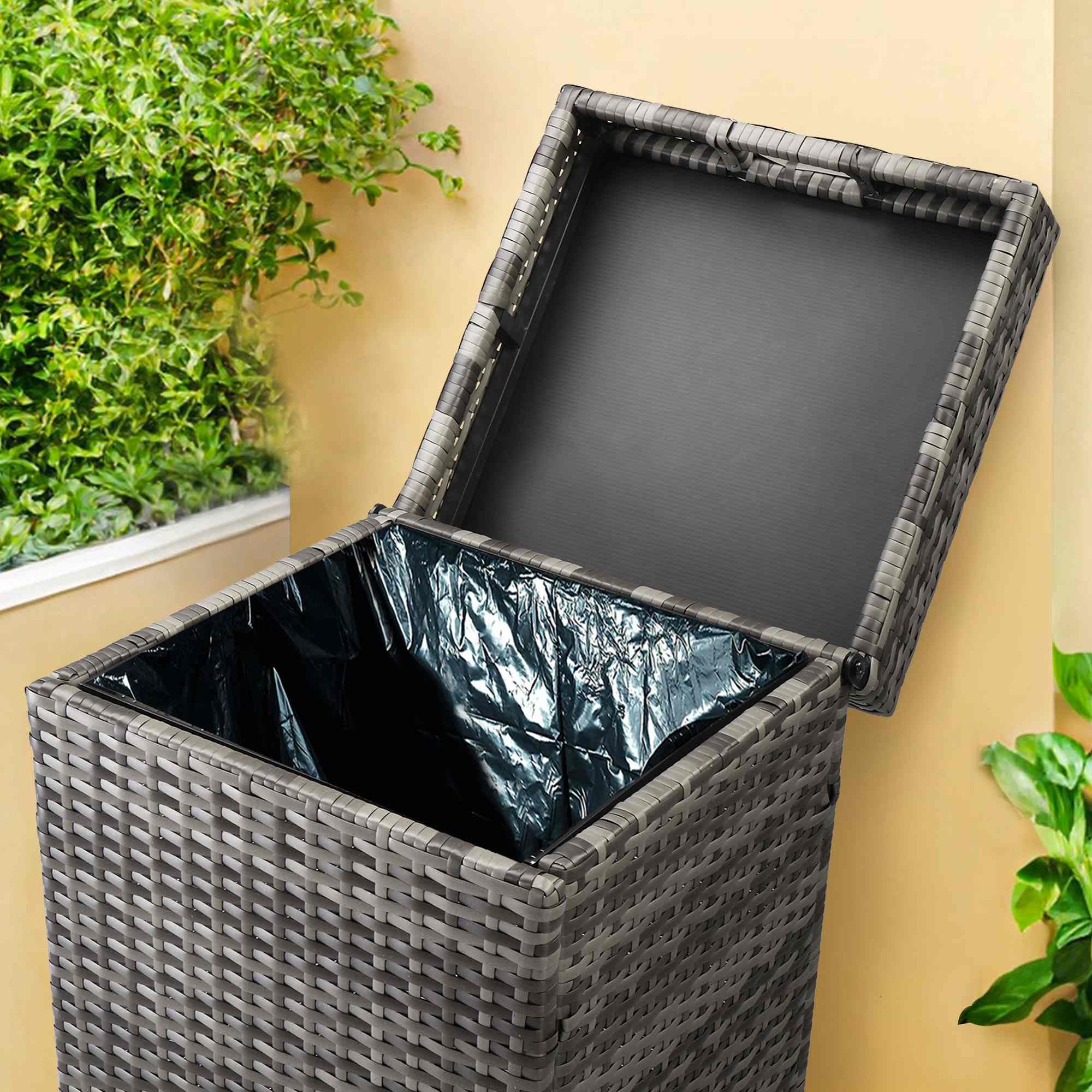 KEPOOMAN Outdoor Rattan Trash Can,Retro Wicker Trash Can with Steel Frame and Removable Lid,Large Garbage Bin for Backyard and Patio,Gray