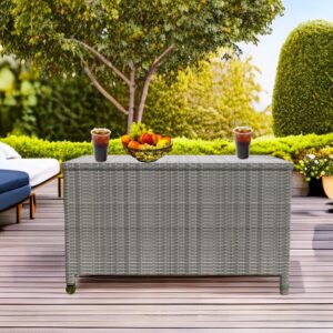 120 Gallon Wicker Deck Box, Waterproof Outdoor Storage Box with Wheels, Large Storage Bench Organizer for Patio Backyard Cushions, Garden Tools and Pool Supplies, Gray