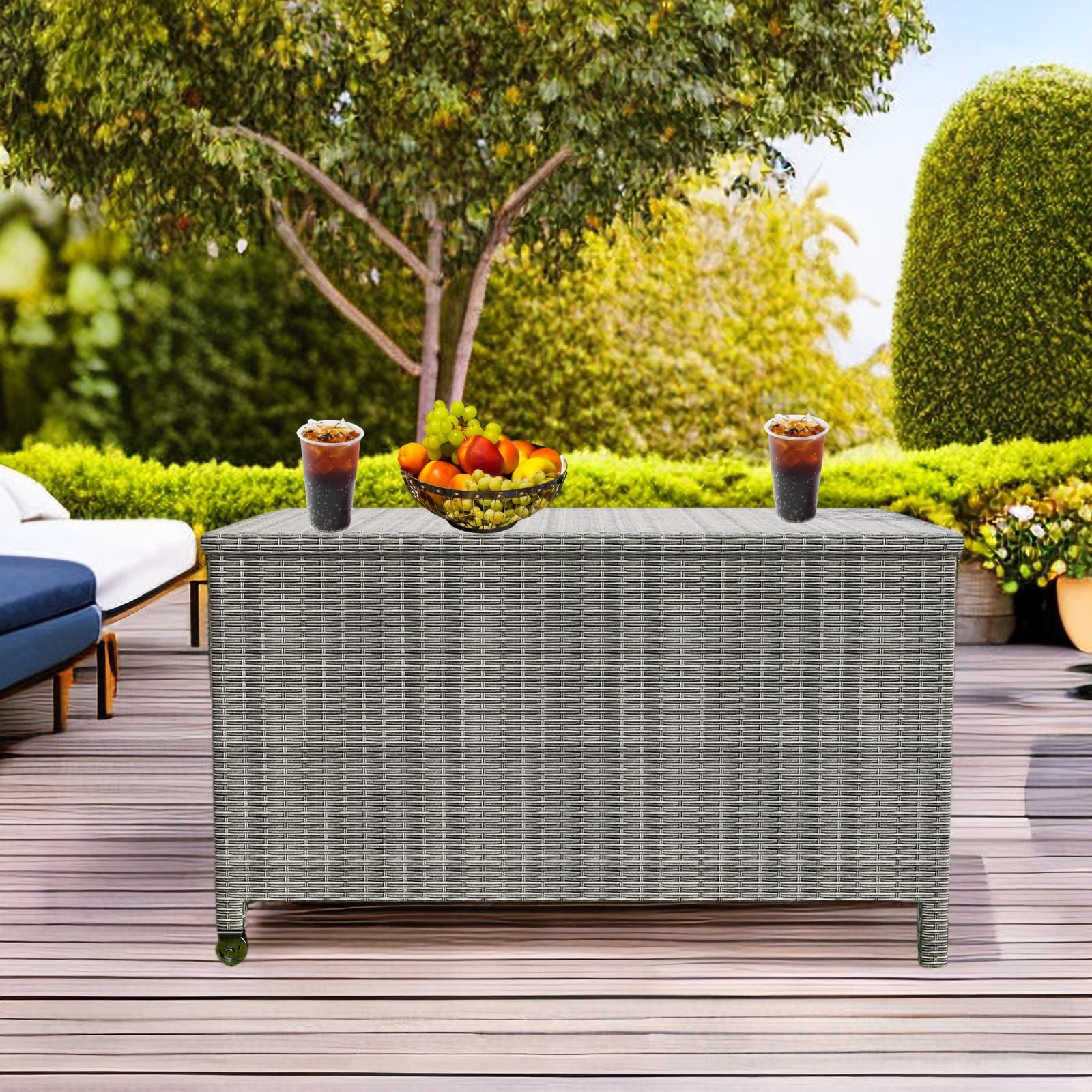 120 Gallon Wicker Deck Box, Waterproof Outdoor Storage Box with Wheels, Large Storage Bench Organizer for Patio Backyard Cushions, Garden Tools and Pool Supplies, Gray