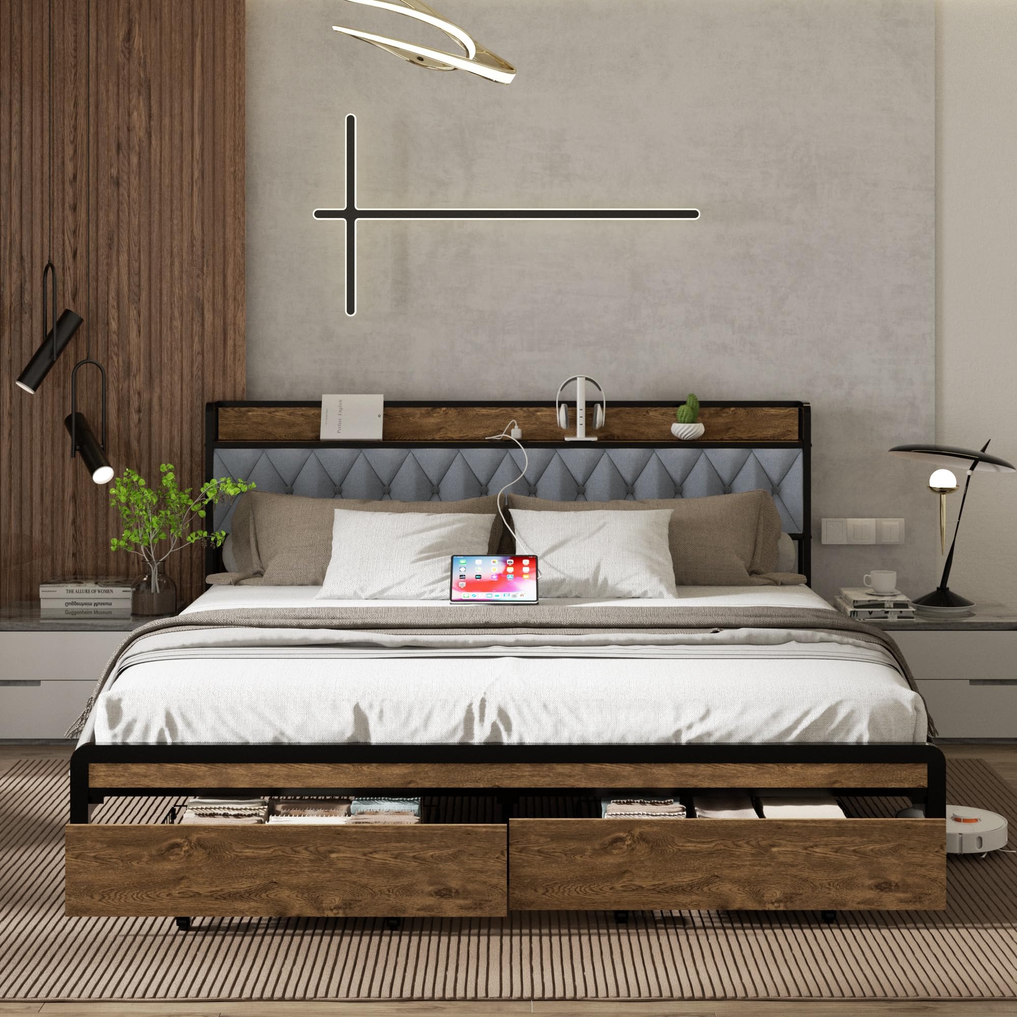 HAOARA King Size Metal Platform Bed Frame with 2 Storage Drawers & LED Light, Velvet Button-Tufted Headboard with Outlet & USB Charging Port, Heavy Duty, Brown Wooden Panel, No Box Spring Needed