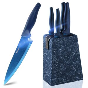 wanbasion marbling kitchen knife set with block, sharp kitchen knife set block, stainless steel chef knife set with block sharpener 6pcs blue